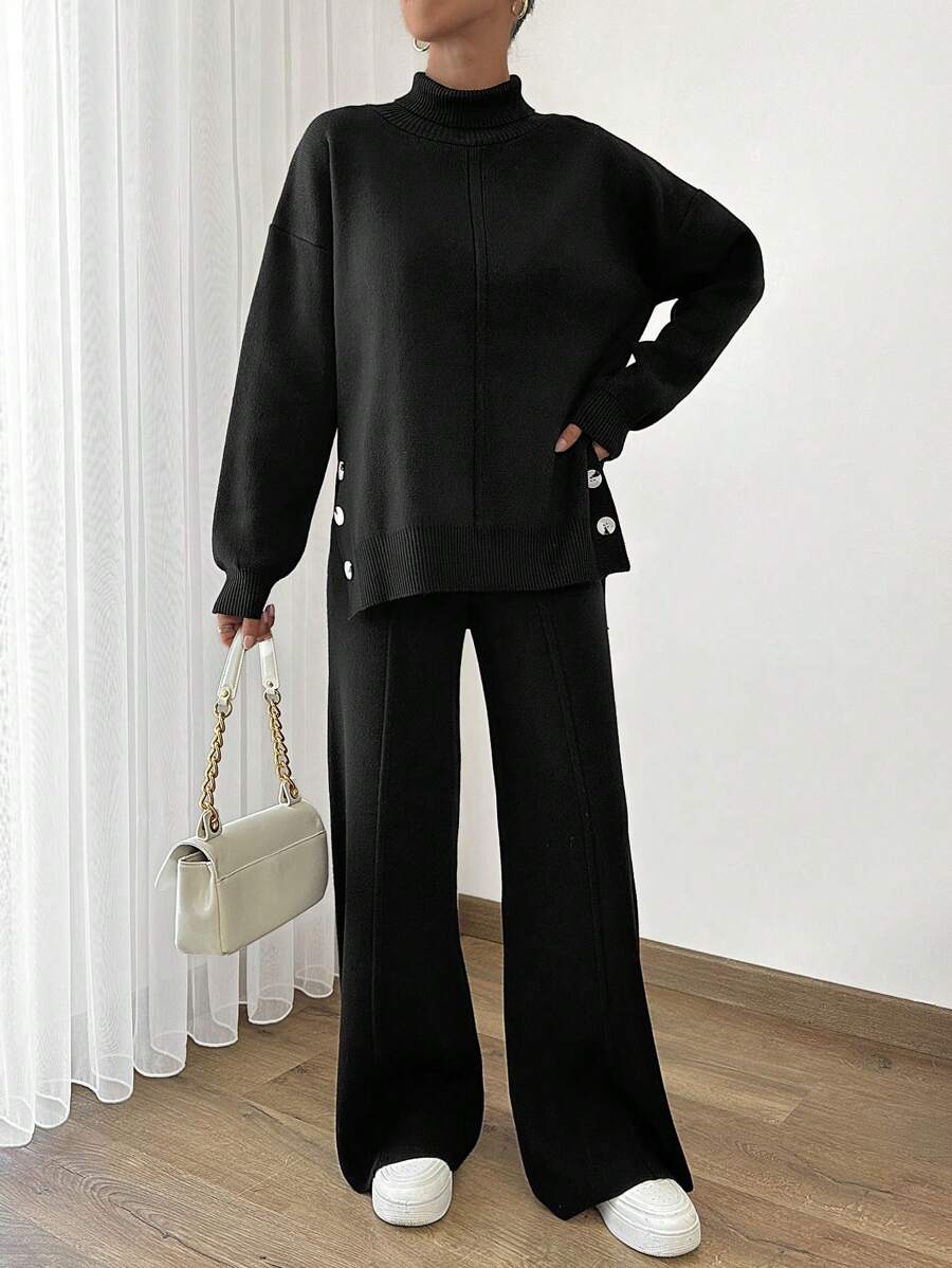 EURMUSE Women Asymmetrical And Button Detailed Hem High Neck Sweater And Sweater Pant Two Piece Outfits Co-Ords - Beige - View 1