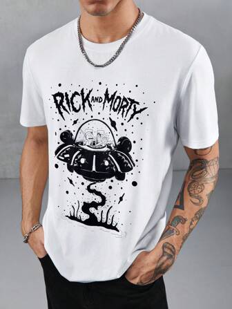 Rick and Morty X SHEIN Herren Lässig T-Shirt mit Raumfahrzeug Muster in Weiß, Kurzarm, Sommer Grafik Shirt