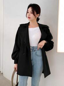 DAZY 女士休闲纯色双排扣风衣，春秋季，返校服装女夹克，秋季女装 - 黑色 - 查看 5