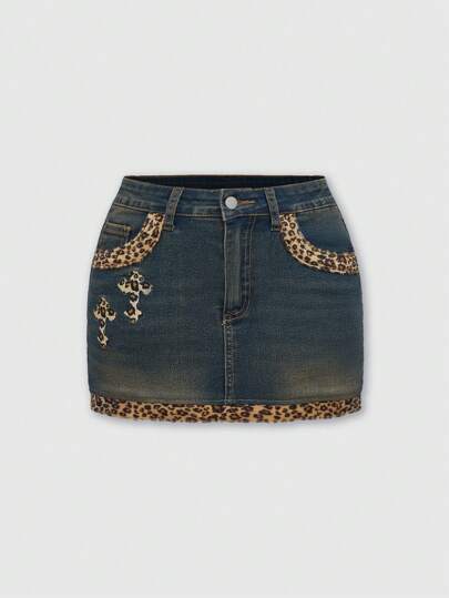 Grunge Punk Y2K Gyaru Subculture Vintage Leopard Print Patchwork Women's Denim Mini Skirt
