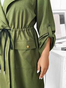 Calvaya Plus Size Casual Solid Color Drawstring Waist Roll-Up Sleeve Trench Coat - Army Green - View 5