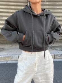 DAZY Women's Solid Color Cropped Hoodie,Long Sleeve Tops,Fall Clothes Sweatshirt - Dark Grey - View 5