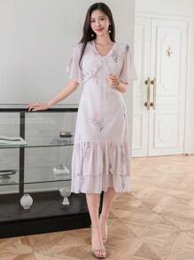 DAZY Women's Elegant Floral Print Ruffle Hem Summer Dress Sundress - Pink - View 4