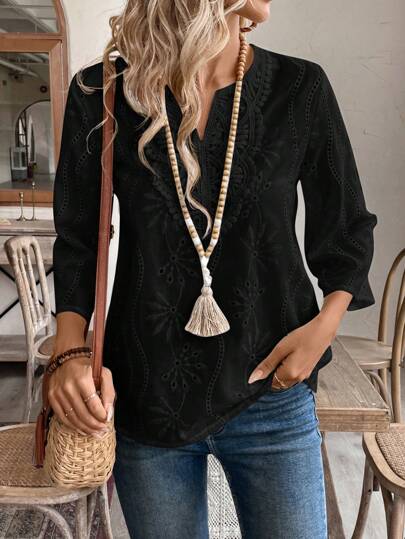 EMERY ROSE Fall Women ClothesWomen's Solid Color V-Neck Long Sleeve Simple Casual Blouse