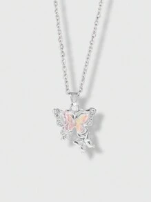 ROMWE Kawaii 1 Pieza Dulce Y Fresco Estilo De Pareja Cuento De Hadas Temático Del Bosque Con Múltiples Colores De Decoración De Pedrería Y Colgante De Mariposa - Plateado - Ver 1
