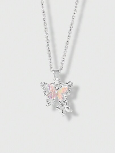 Kawaii 1pc Sweet & Cool Couple Style Fairy Tale Forest Themed Multiple Color Rhinestone Decor Butterfly Pendant Necklace