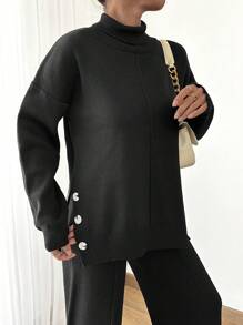 EURMUSE Women Asymmetrical And Button Detailed Hem High Neck Sweater And Sweater Pant Two Piece Outfits Co-Ords - Beige - View 3