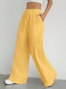 SHEIN EZwear 1 quần ống rộng cạp chun rút màu vàng đơn giản - Màu vàng - Xem 1