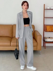 DAZY Conjunto de 2 piezas para mujer: chaqueta tipo blazer de unicolor y pantalón recto de traje - Celeste - Ver 3