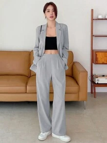 DAZY Conjunto de 2 piezas para mujer: chaqueta tipo blazer de unicolor y pantalón recto de traje - Celeste - Ver 4