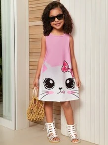 SHEIN Leap Crew Young Girl Sweet Cute Cartoon Cat Print Round Neck Sleeveless Party Dress, Summer - Baby Pink - View 6