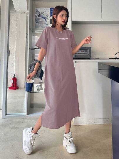 DAZY 女式纯色圆领短袖字母印花休闲长裙太阳裙