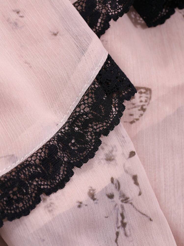 Women Butterfly Print Color Blocking Lace Ruffle Hem Dress,Fall Clothes Long Sleeve Dress Floral Dresses For Women