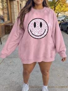 SHEIN EZwear sweat-shirt à capuche épais oversize avec imprimé visage souriant minimaliste rose léopard, coupe décontractée. Tailles plus