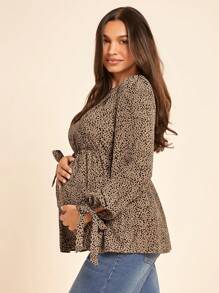 Boho Mama 孕妇休闲哺乳衬衫，孕妇长袖蝴蝶结纽扣衬衫 - 卡其色 - 查看 9