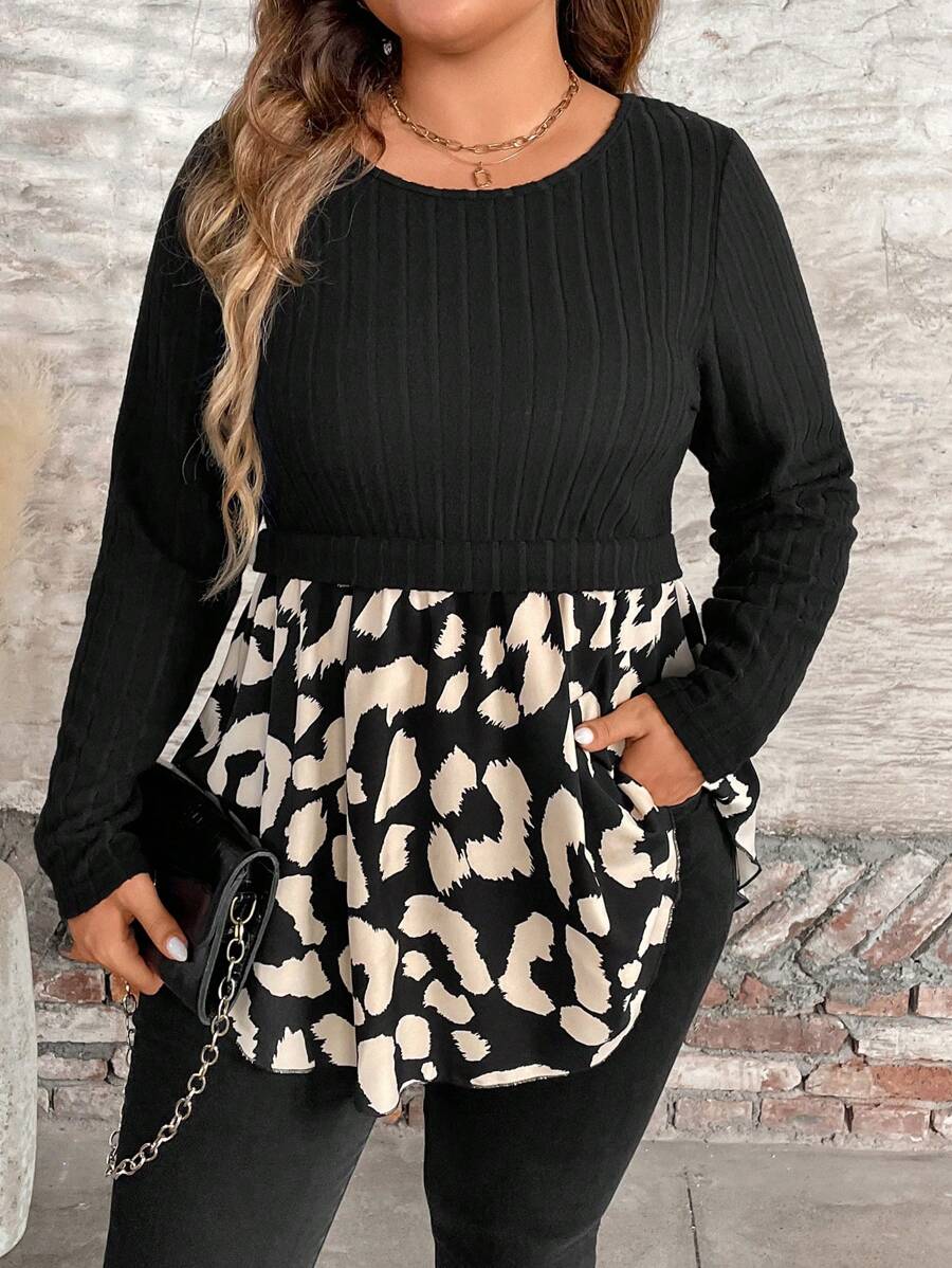 SHEIN LUNE Plus Size Graphic Print Ruffled Hem Crew Neck Long Sleeve Blouse Fall Cloth For Women - Black - View 1