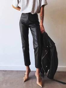 Women's Simple And Fashionable Leather Pants For Fall/Winter - Black - View 1