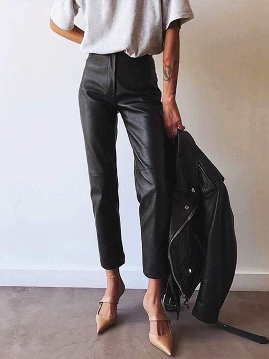 Women's Simple And Fashionable Leather Pants For Fall/Winter - Black - View 1