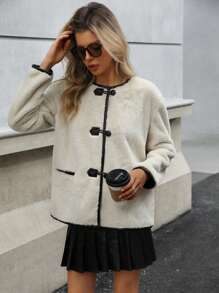 Aveloria Affinna Long Sleeve Contrast Trim Fleece Button Pocket Teddy Coat  Fall Cloth For Women