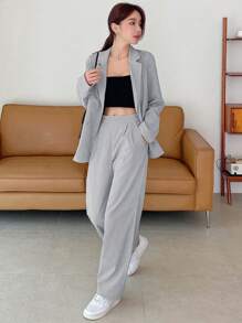 DAZY Conjunto de 2 piezas para mujer: chaqueta tipo blazer de unicolor y pantalón recto de traje - Celeste - Ver 5