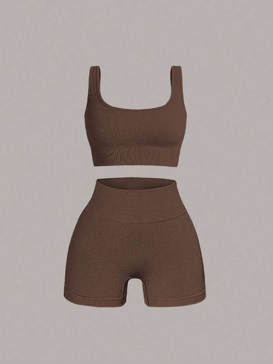 SHEIN EZwear Brown Knitted Women Casual Tracksuit Set Brown Two Pieces Setpetite Two Pieces Setbiker Shorts Setbrown Gym Set - Brown - View 1