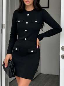 EURMUSE WOMEN ELEGANT SWEATER DRESS - Black - View 5