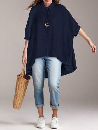 Women's Summer Solid Color Batwing Sleeve Loose Casual Versatile Button Down Shirt