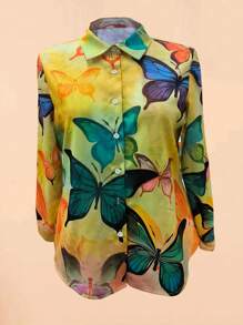 Women's Shirt, Fashionable Casual Butterfly Printed Shirt Top - Multicolor - View 4