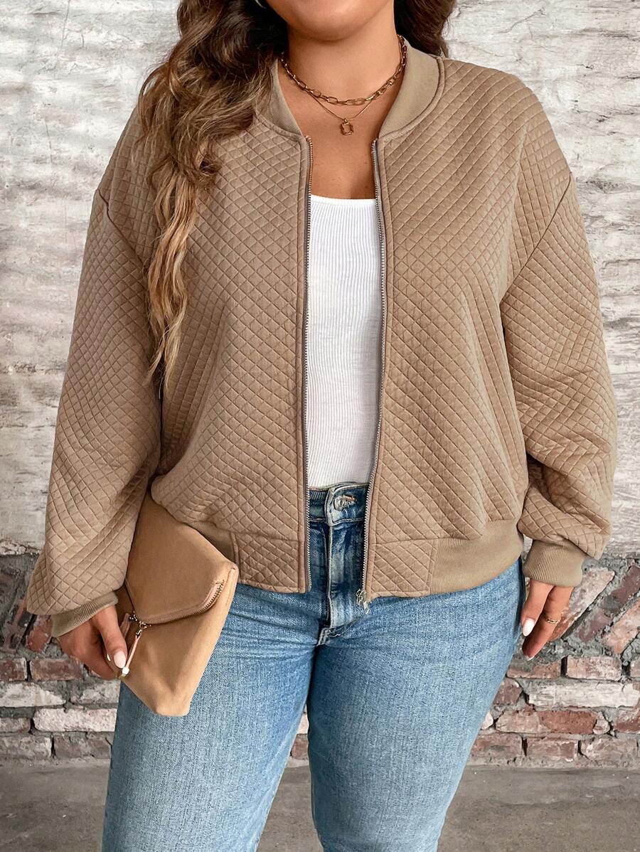 Momelise Plus Size Casual Solid Textured Bomber Jacket For Autumn Fall Winter Cloth For Women - Khaki - View 1