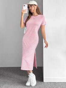 SHEIN EZwear Pink-White Knitted Striped Dress,Summer Dresses For Women,Pastel Dresses For Women - Dusty Pink - View 3