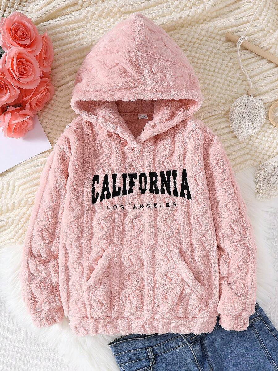 Sudadera con capucha bordada con letras para niñas preadolescentes, negro y rosa - Rosa - Ver 1
