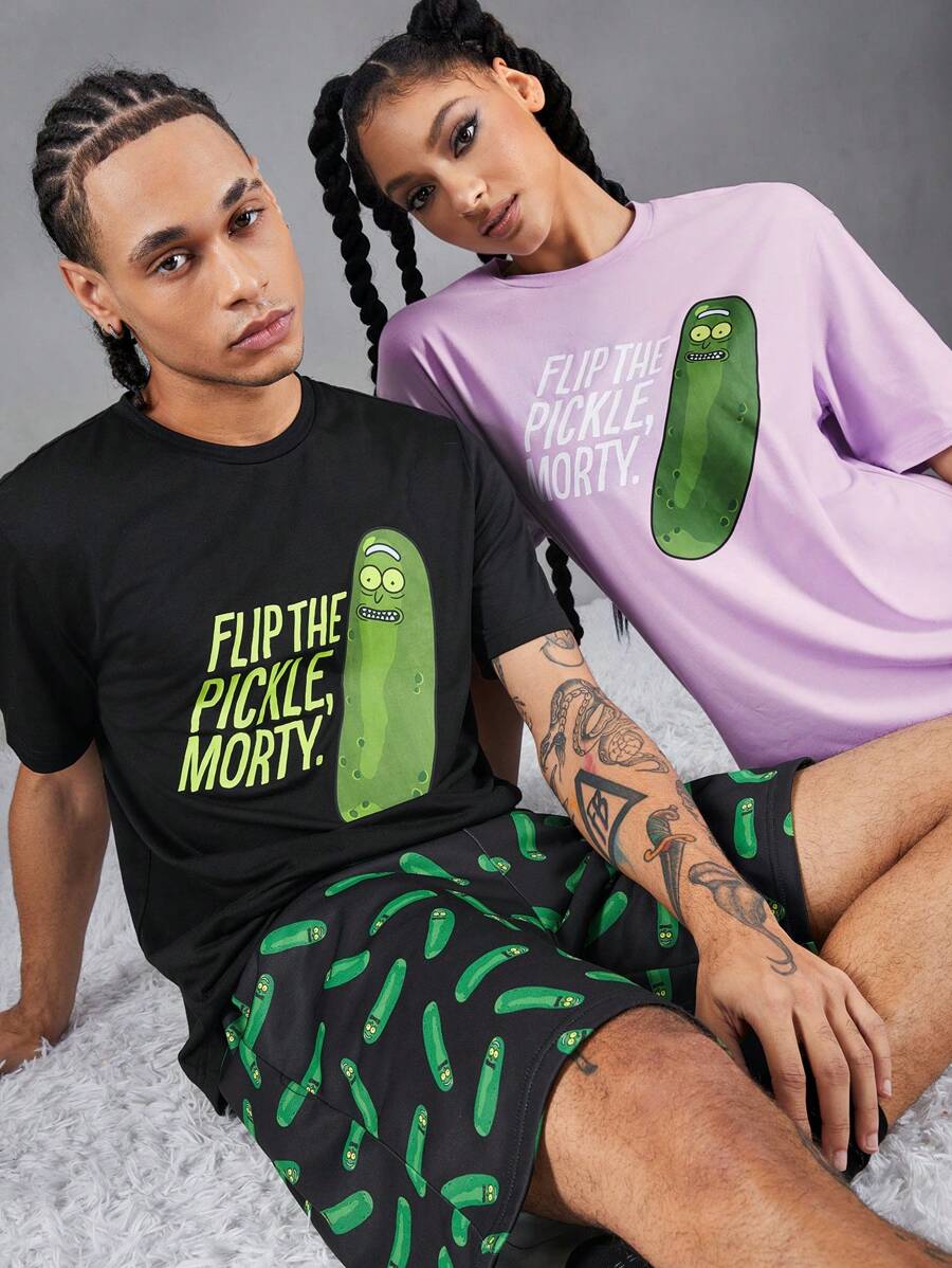 Rick and Morty X SHEIN 男士休闲腌黄瓜印花针织 T 恤和短裤两件套睡衣套装 - 黑色 - 查看 1