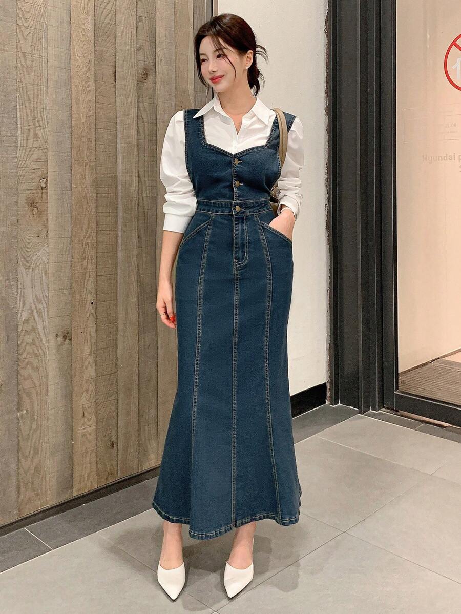 DAZY Vestido de peto vaquero con bajo de cola de pez para mujer, ropa de otoño para volver al colegio - Azul - Ver 1