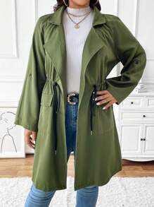 Calvaya Plus Size Casual Solid Color Drawstring Waist Roll-Up Sleeve Trench Coat - Army Green - View 6
