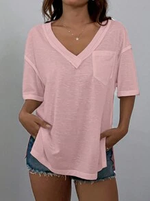 SHEIN EZwear Solid V-Neck Drop Shoulder T-Shirt With Pockets, Summer - Dusty Pink - View 5