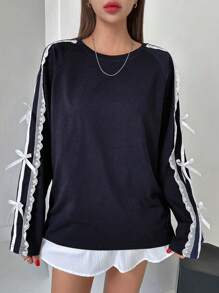 DAZY Women's Lace Trimmed Bow Loose Long Sleeve T-Shirt, Fall Tee
