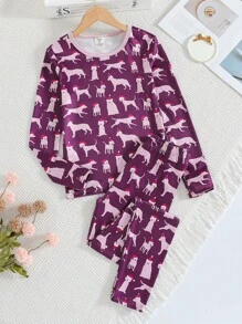 Bộ đồ ngủ dài tay và quần dài bằng lụa sữa cho bé gái 180g Bộ đồ ngủ in kỹ thuật số, vừa vặn - Màu tím - Xem 1