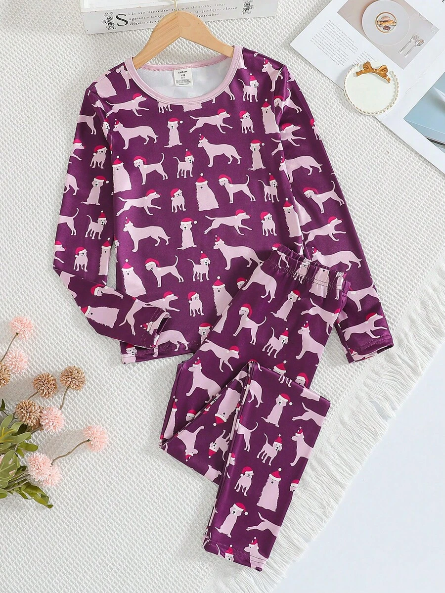 Bộ đồ ngủ dài tay và quần dài bằng lụa sữa cho bé gái 180g Bộ đồ ngủ in kỹ thuật số, vừa vặn - Màu tím - Xem 1