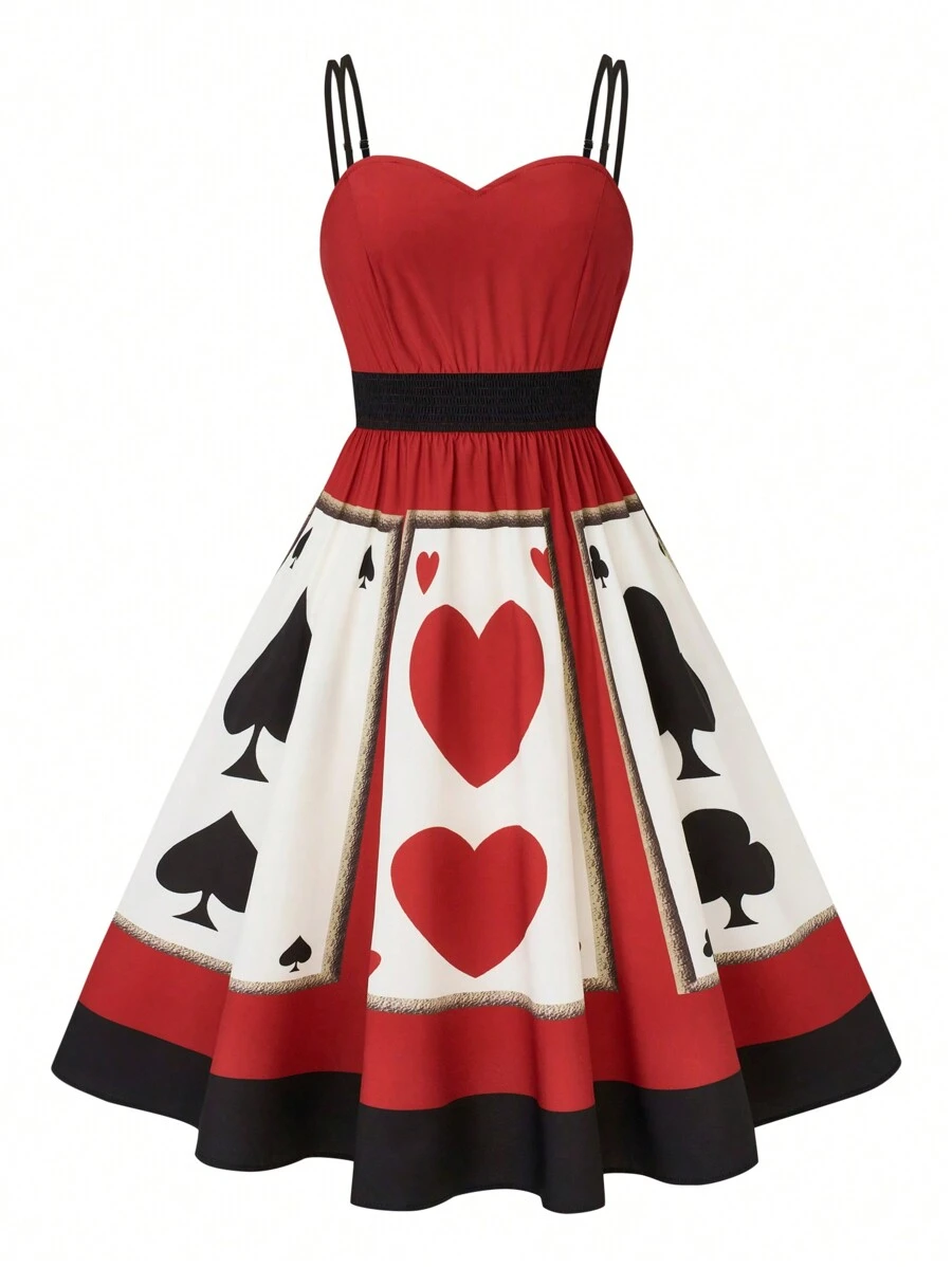 Celure Halloween Plus Size Spaghetti Strap Color Block Casual Midi Dress With Placement Print For Summer - Multicolor - View 1