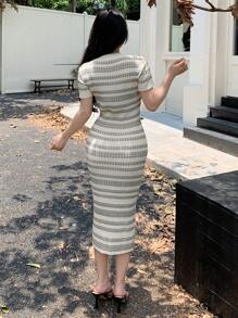 DAZY 女士春夏休闲菱形格子短袖修身毛衣裙、秋装、返校服 - 黑色 - 查看 2