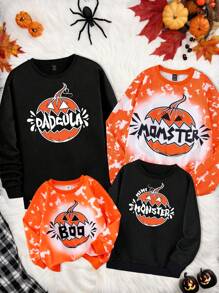 SHEIN 1pc Young Girl Tie-Dye Cute Monster Graphic Sweatshirt, Casual And Comfy For Halloween Party, Family Matching Mommy And Me (4 Pieces Are Sold Separately) - Multicolor - View 1