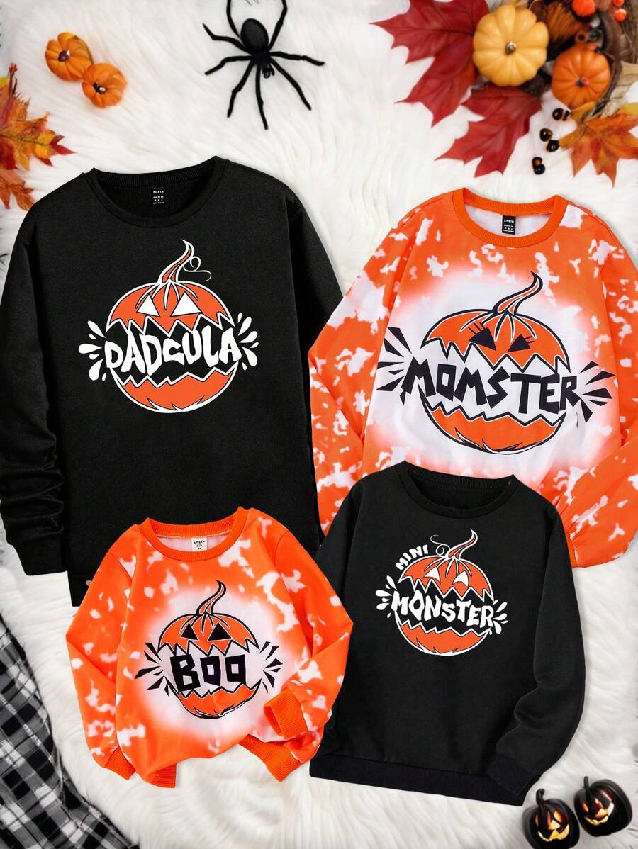 SHEIN 1pc Young Girl Tie-Dye Cute Monster Graphic Sweatshirt, Casual And Comfy For Halloween Party, Family Matching Mommy And Me (4 Pieces Are Sold Separately) - Multicolor - View 1