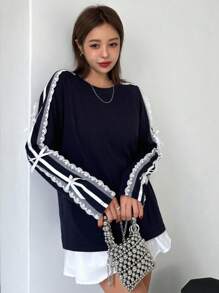 DAZY Women's Lace Trimmed Bow Loose Long Sleeve T-Shirt, Fall Tee