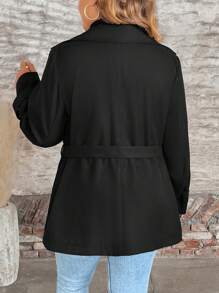 SHEIN LUNE 大码纯色双排扣腰带长袖风衣 - 黑色 - 查看 2