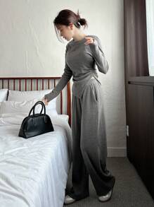 DAZY 女士纯色褶皱不对称T恤和阔腿裤两件套，秋季家居服套装