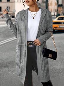 Calvaya Plus Drawstring Waist Cable Knit Hooded Cardigan, For Winter Fall Cloth For Women - Grey - View 1