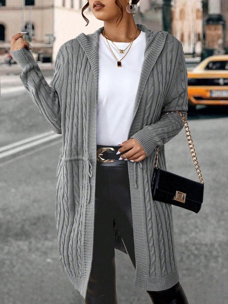 Calvaya Plus Drawstring Waist Cable Knit Hooded Cardigan, For Winter Fall Cloth For Women - Grey - View 1