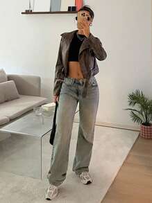 SHEIN EZwear 女士棕色蛇皮印花前拉链短款风衣夹克 - 棕色 - 查看 6