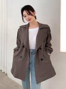 DAZY Women's Solid Color Double-Breasted Belted Long Sleeve Trench Coat,Fall Clothes,Back To School Clothes Women Jacket - Brown - View 3