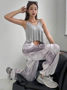 DAZY 女式扎染抽绳腰阔腿裤，秋装 - 灰色 - 查看 5
